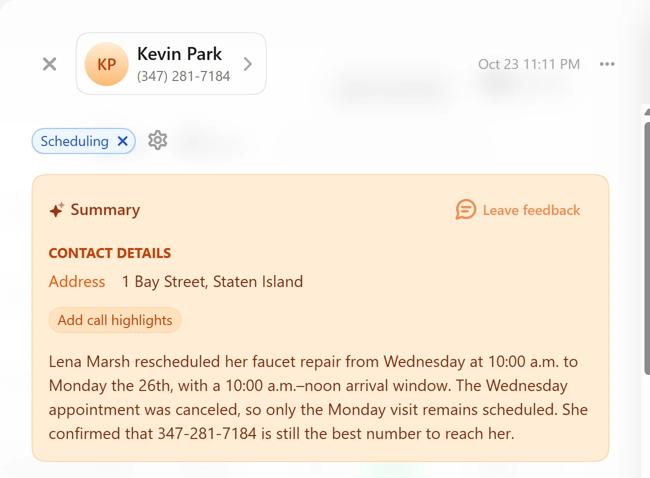 Upfirst call summary for the move call saying the faucet repair was rescheduled to Monday 10 to noon and the Wednesday appointment was canceled