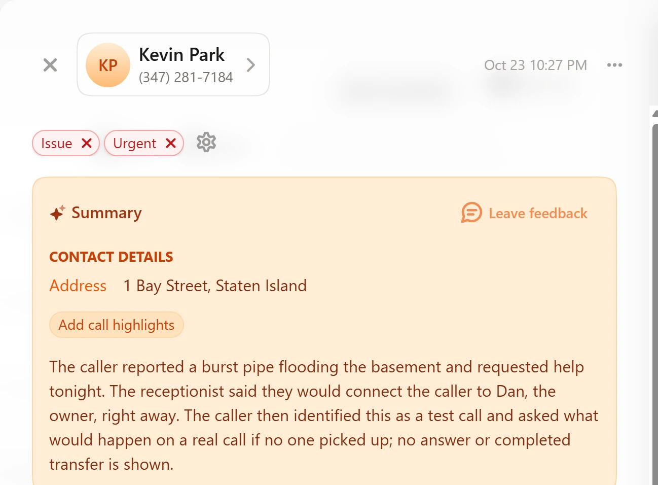 Upfirst call summary for the first emergency call saying the receptionist said it would connect the caller to Dan and no answer or completed transfer is shown