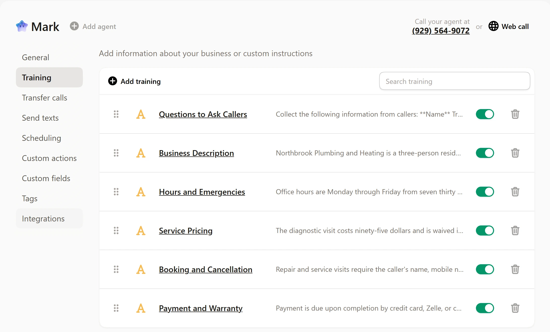 Upfirst Training tab with six items: Questions to Ask Callers, Business Description, Hours and Emergencies, Service Pricing, Booking and Cancellation, Payment and Warranty