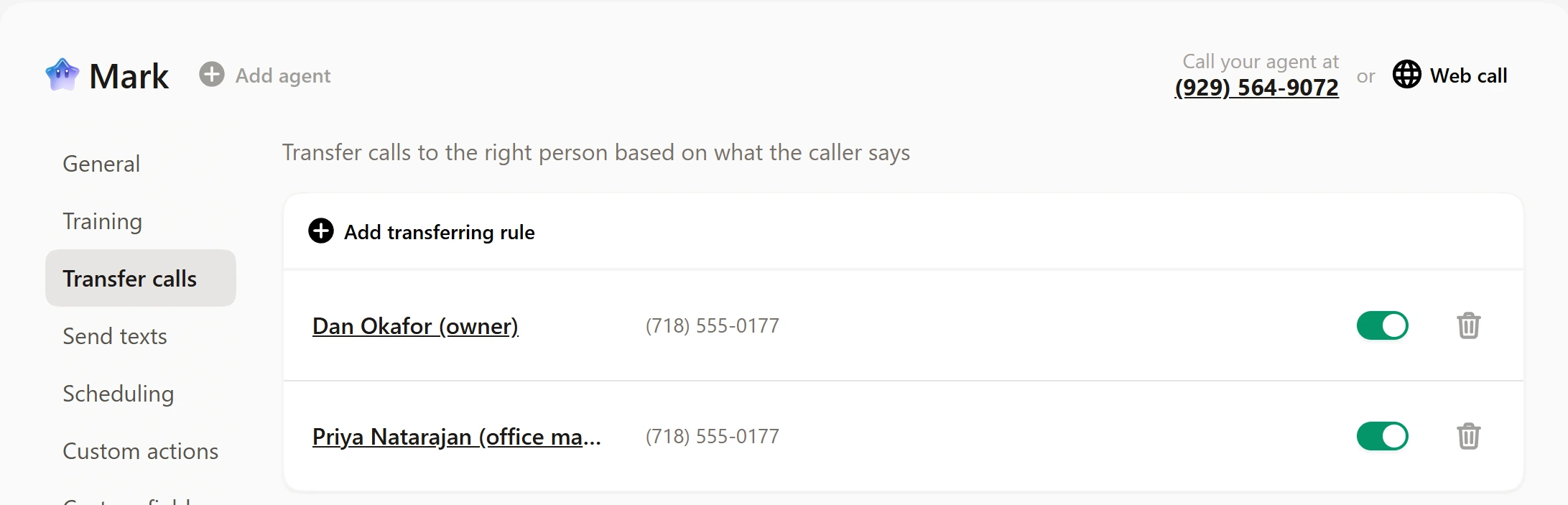 Upfirst Transfer calls tab with two rules, Dan Okafor (owner) and Priya Natarajan (office manager), both pointing at the fictional number (718) 555-0177