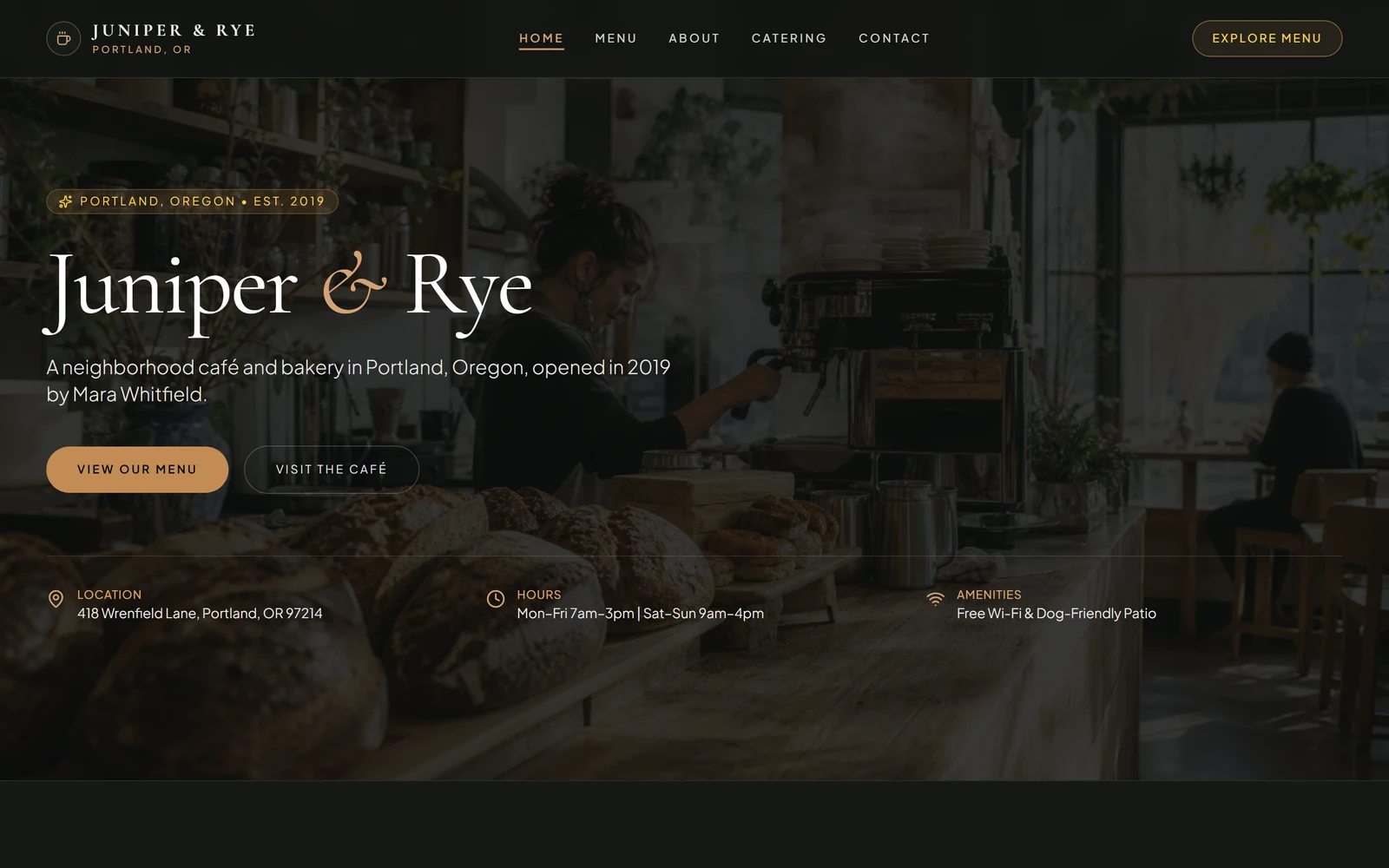 The Juniper & Rye home page built by Wegic in a dark design, with a barista at an espresso machine, the hours and the address