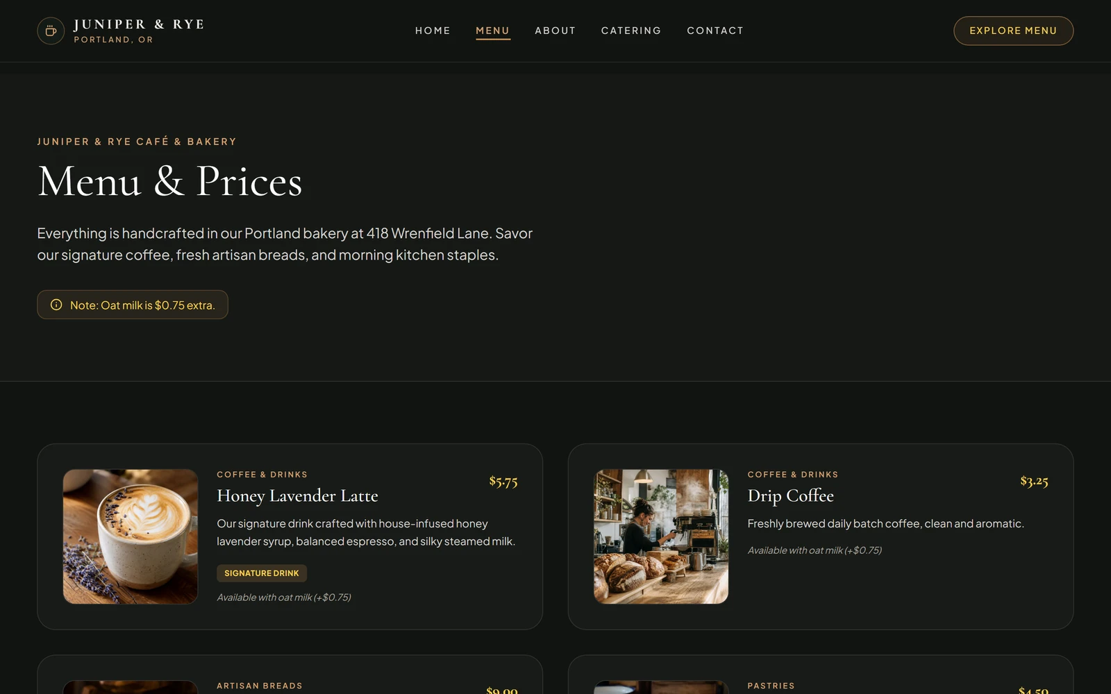 The Juniper & Rye menu page with the Honey Lavender Latte at $5.75 and Drip Coffee at $3.25