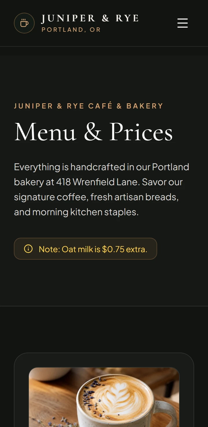 The Juniper & Rye menu page built by Wegic on a phone