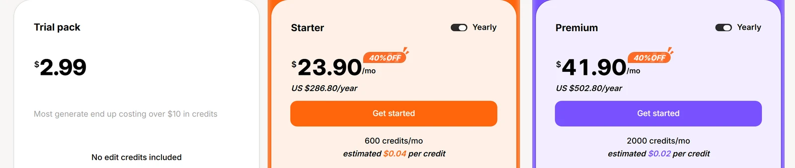 Wegic's pricing page with Trial pack at $2.99, Starter at $23.90 a month and Premium at $41.90 a month, billed yearly at $286.80 and $502.80 a year