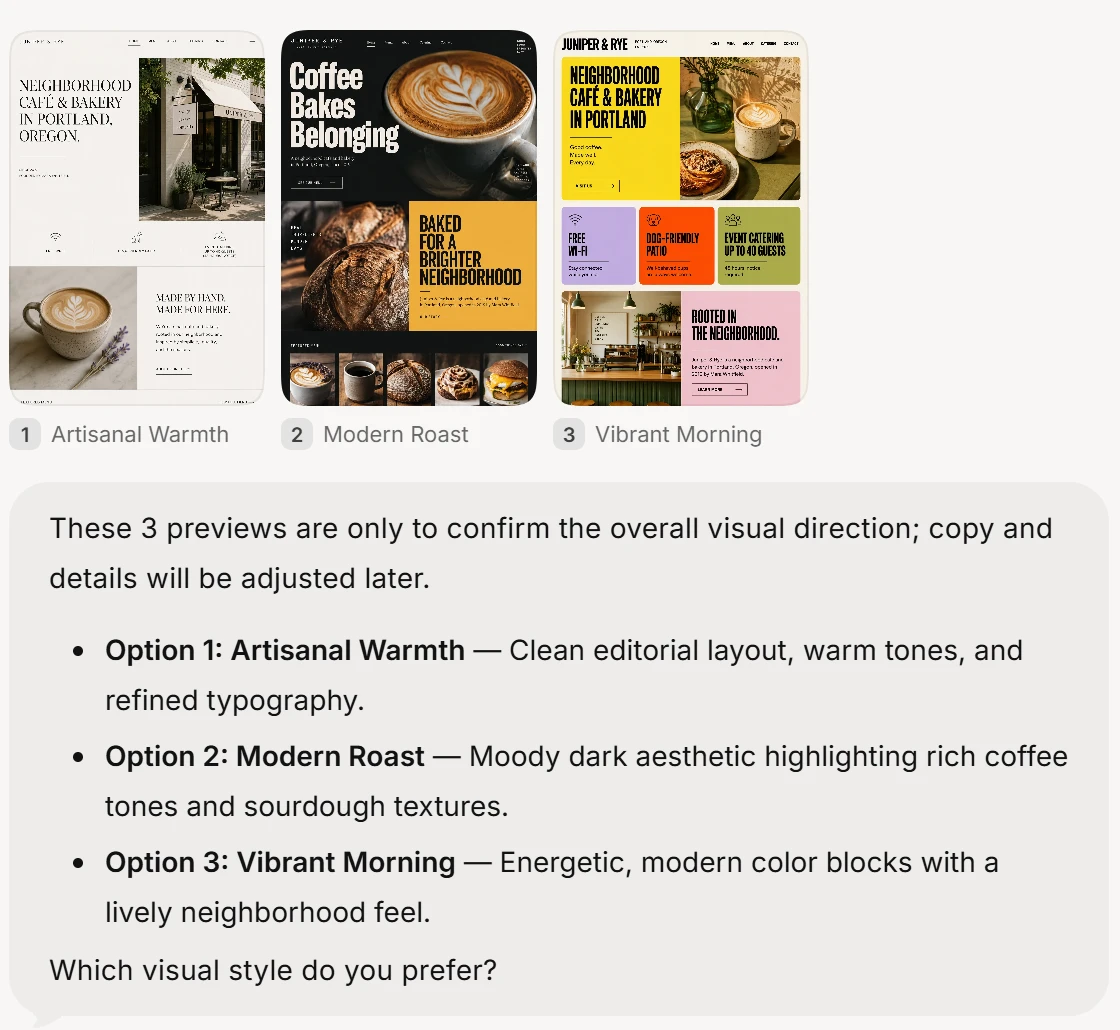 Three style pictures for the Juniper & Rye cafe, named Artisanal Warmth, Modern Roast and Vibrant Morning, with Wegic's chat asking which style I prefer