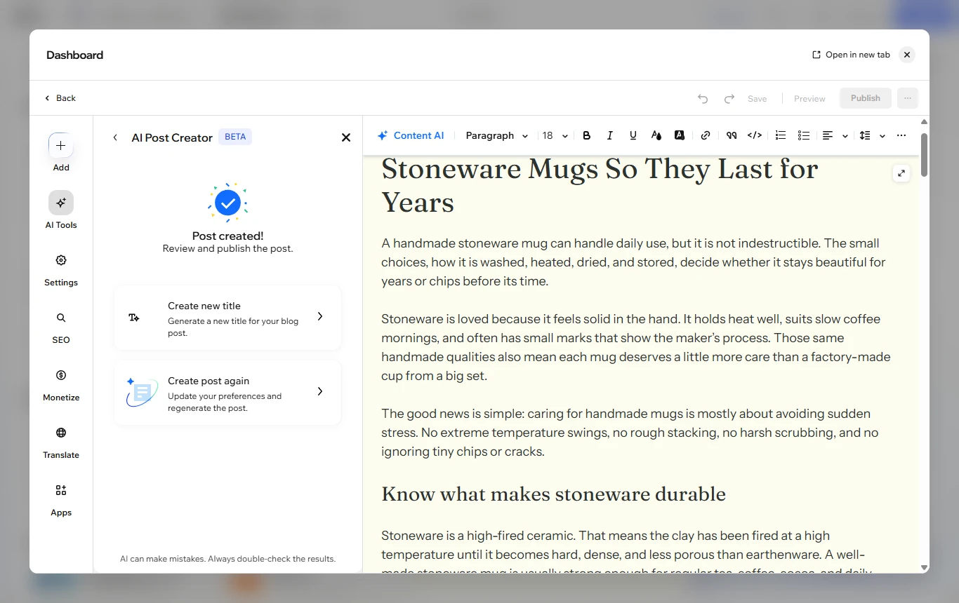 Wix: The AI Post Creator wrote this post in under 45 seconds.