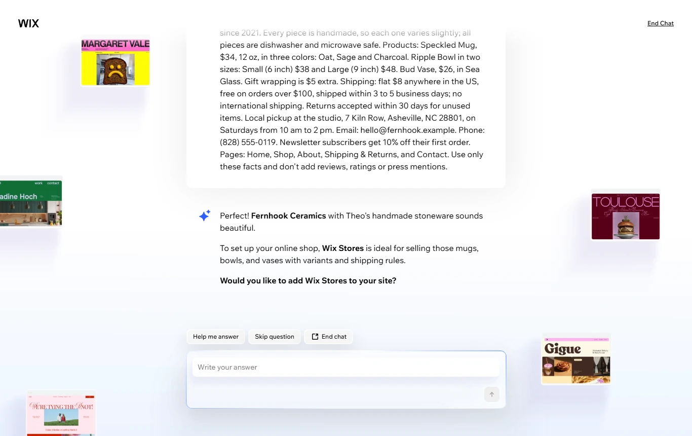 Wix: The AI site chat after the shop brief was pasted in. It replies in about 5 seconds and asks about Wix Stores.