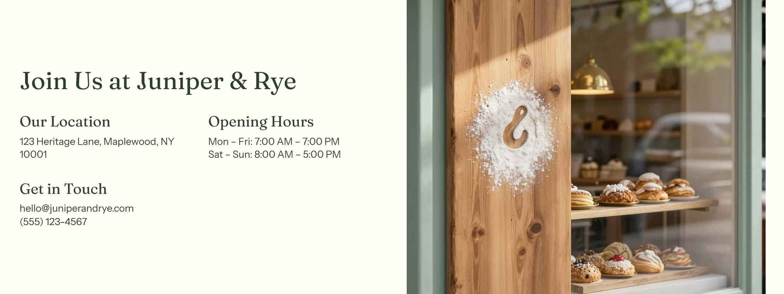Wix: The café's contact block: the address, hours, email and phone were all made up.