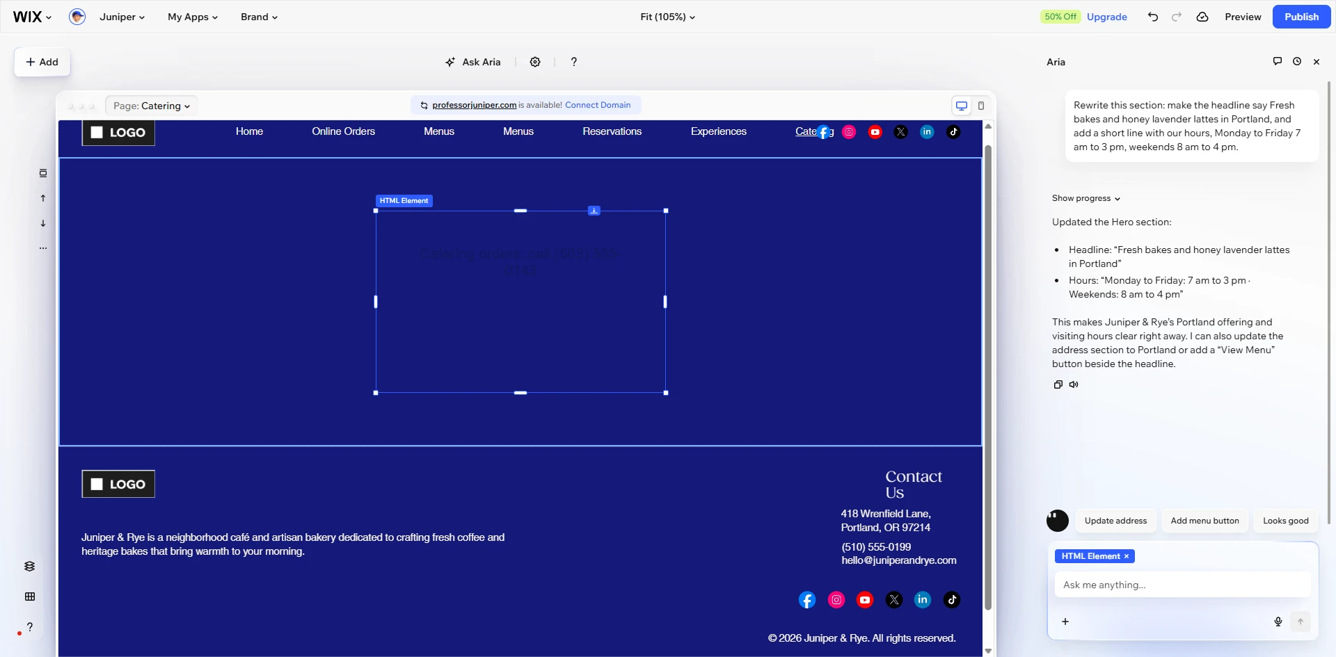 Wix: Custom HTML added with the Embed code element.