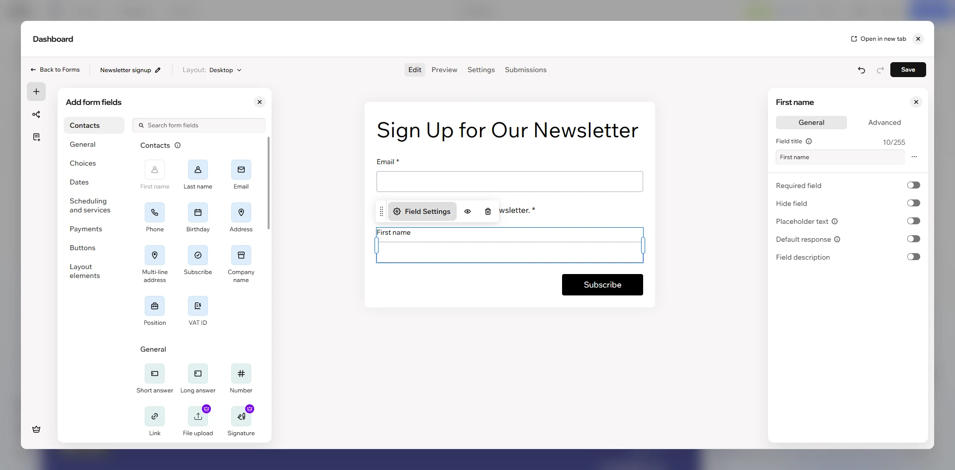 Wix: Adding a "First name" field in the Wix form builder.