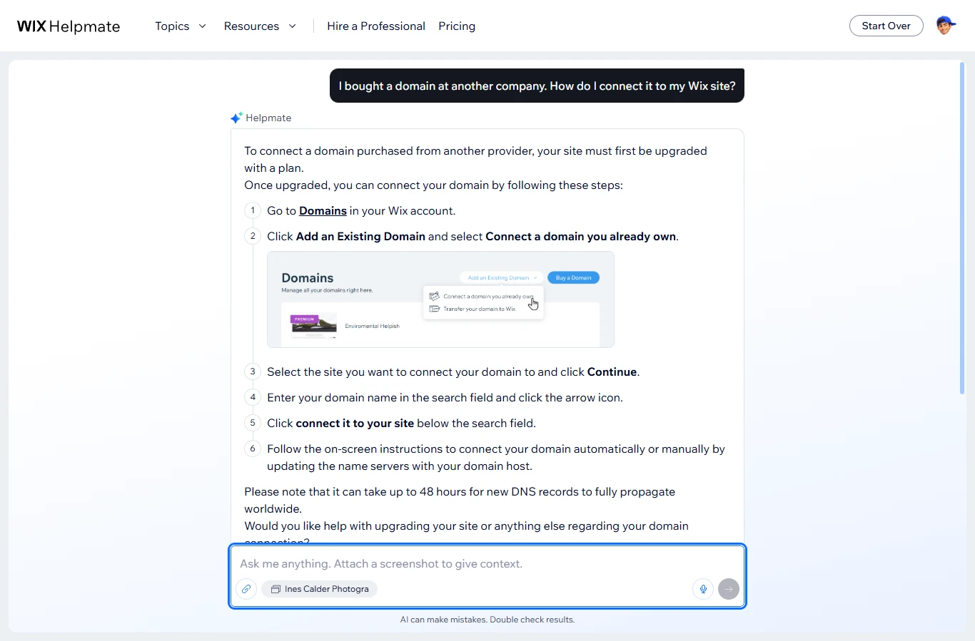 Wix: Helpmate's answer on connecting a domain bought elsewhere.