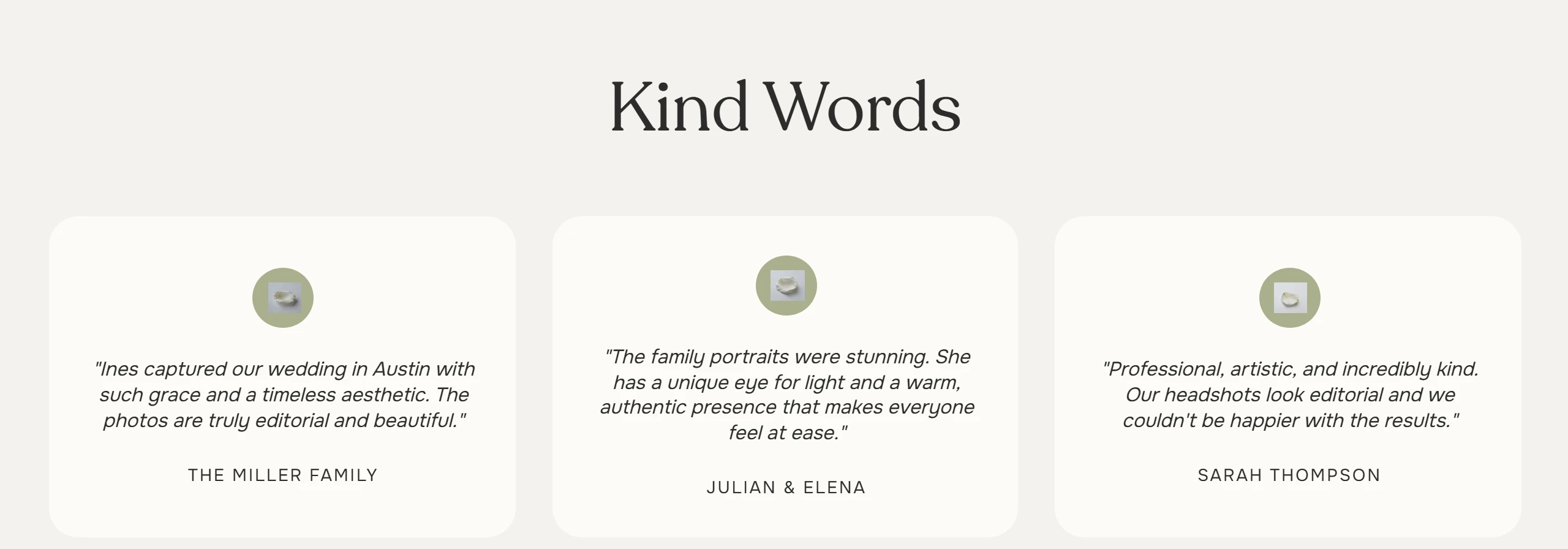 Wix: "Kind Words": three testimonials the AI wrote, although the brief said not to add any.
