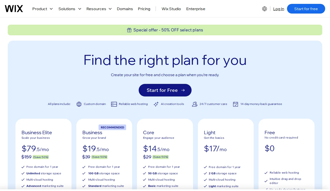 Wix: Wix's plans on 21 October 2026, US prices.