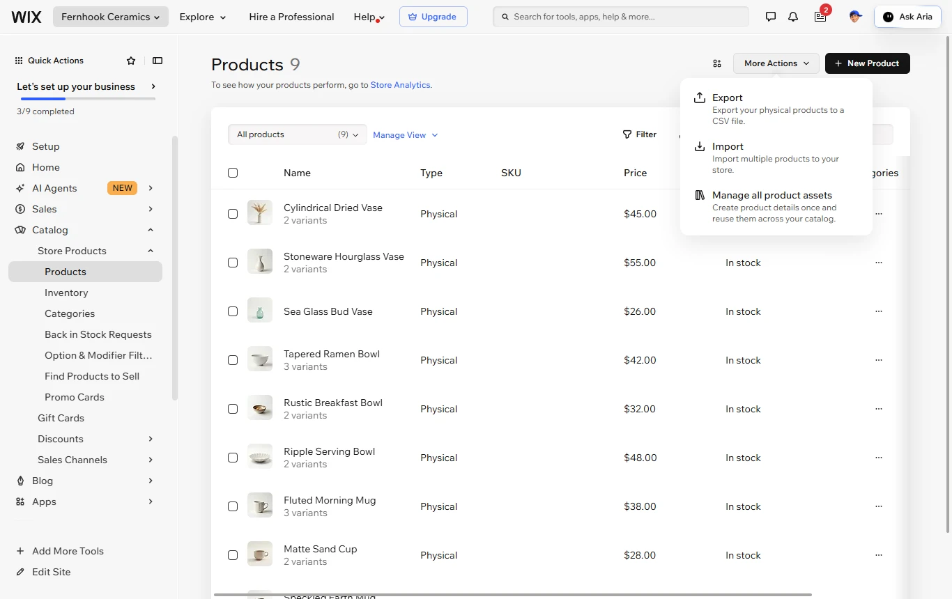 Wix: The products list with its Export option.