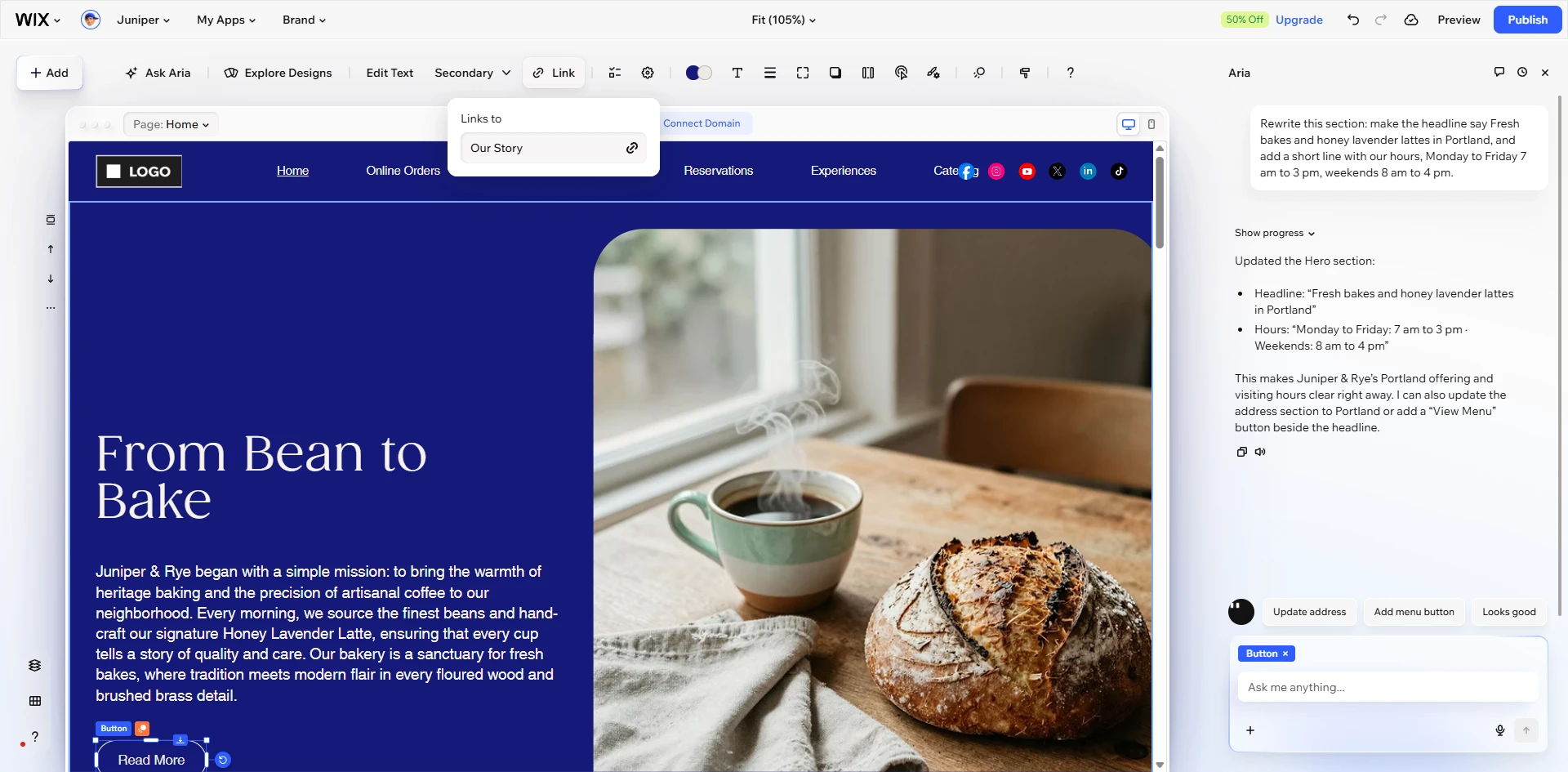 Wix: The AI-made "Read More" button linked to the section it sits in.