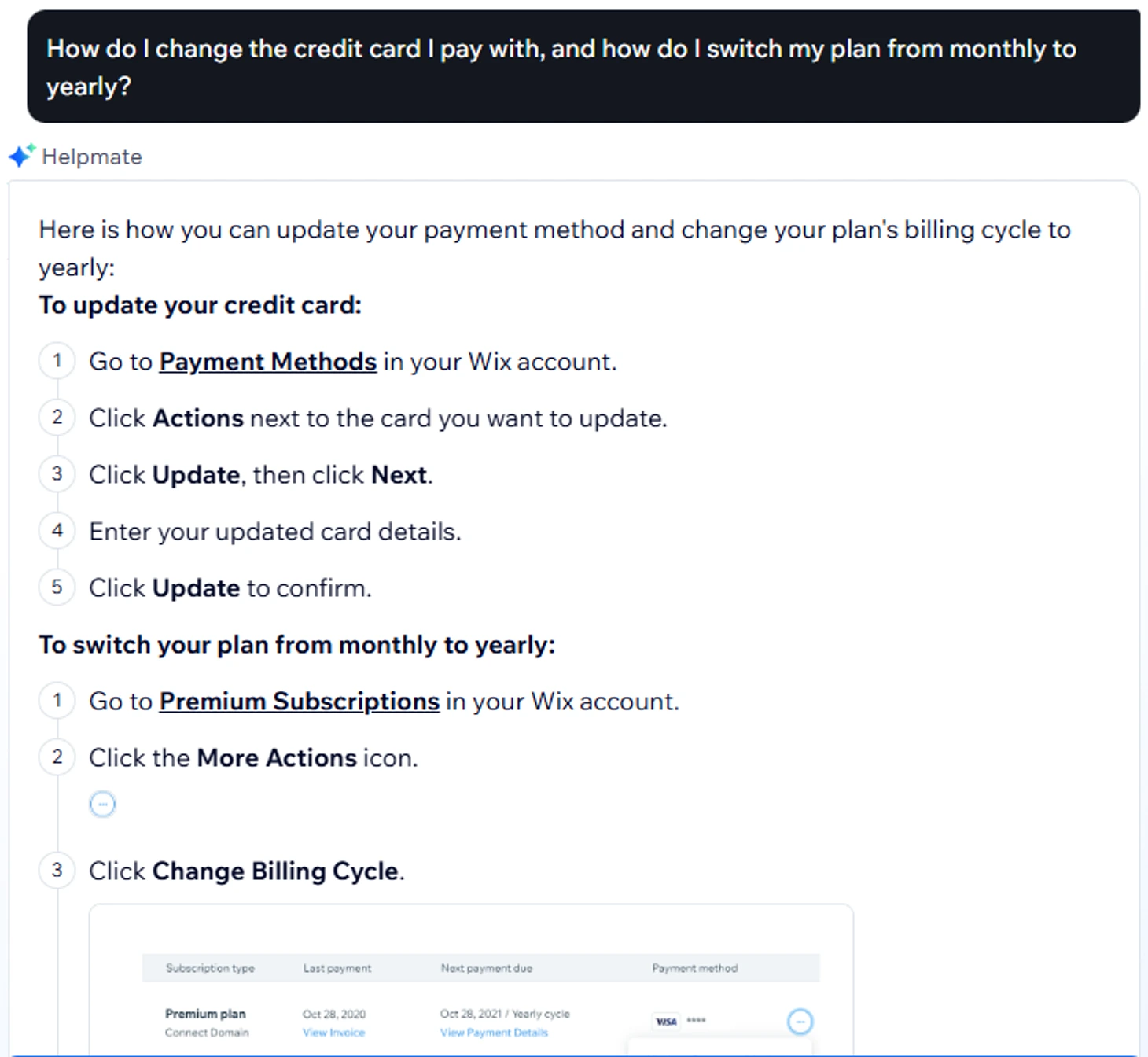 Wix Helpmate explaining how to change the card and switch to yearly billing