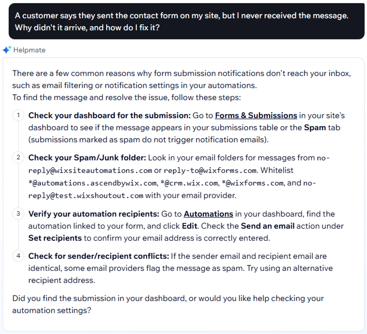 Wix Helpmate explaining why contact form messages might not arrive