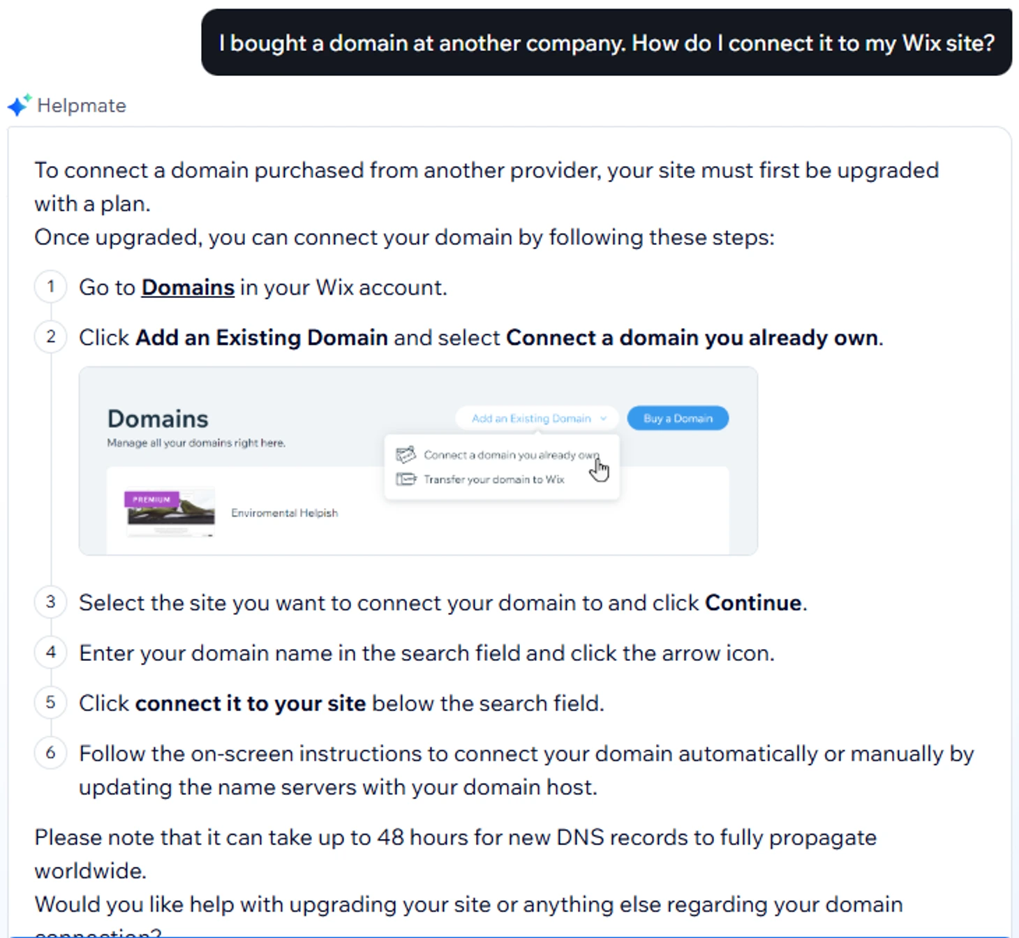 Wix Helpmate explaining how to connect a domain bought elsewhere