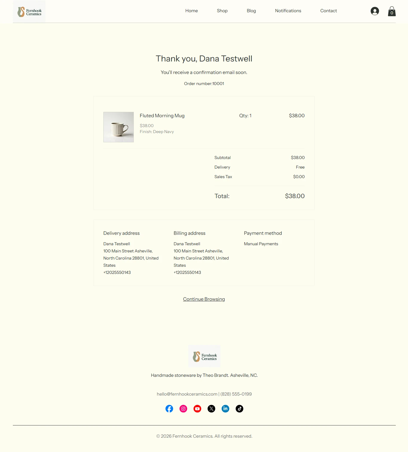 Wix: The test order's confirmation page.