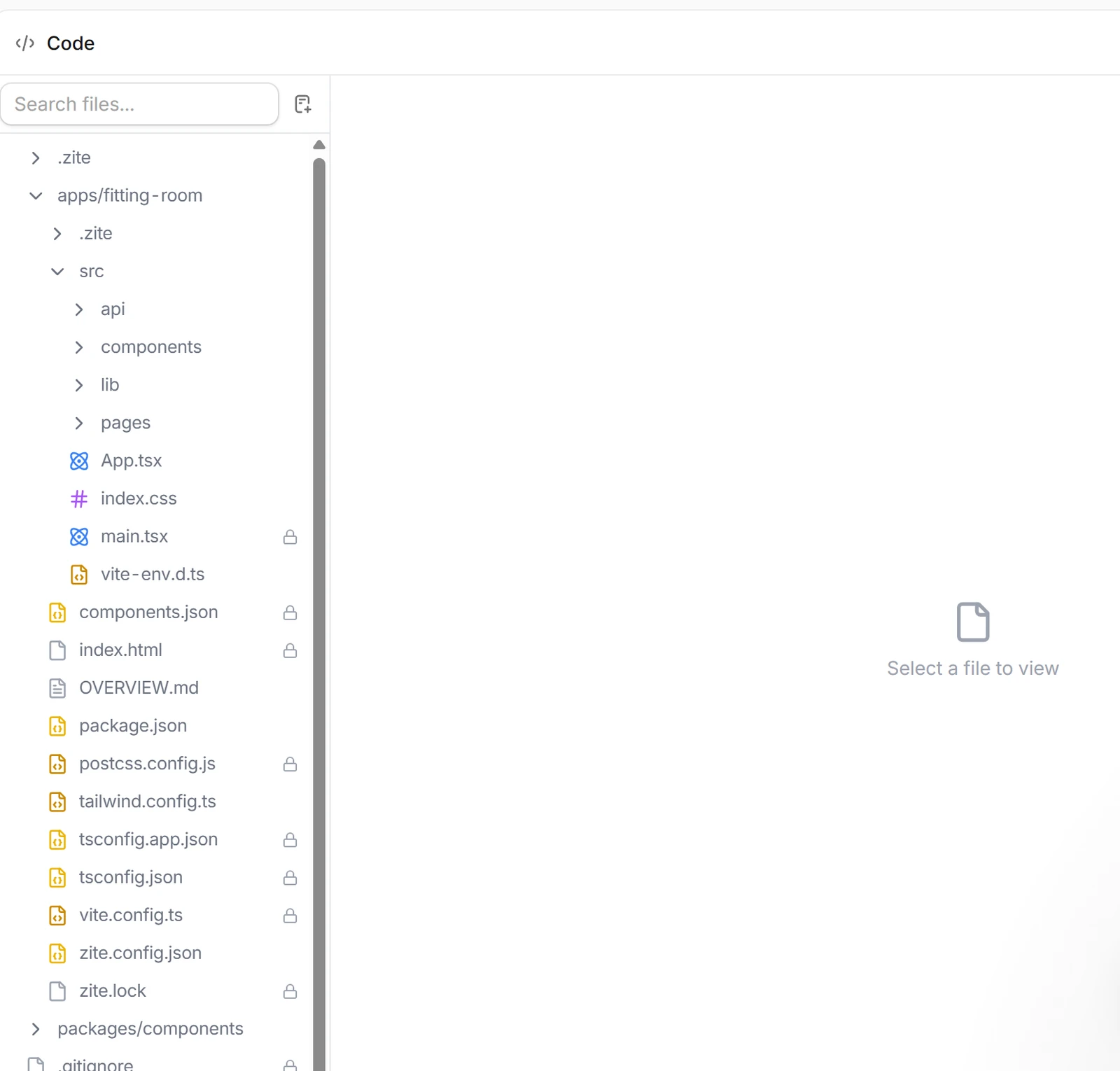 Zite Code tab with a file tree of the app: api, components, lib and pages folders, App.tsx, index.css, package.json and a Source control button at the top right