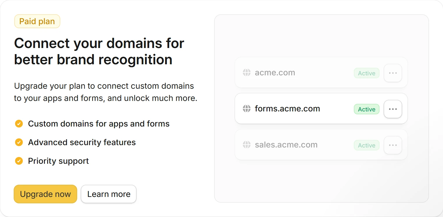 Zite settings page Custom domain with a Paid plan label, the text Connect your domains for better brand recognition and an Upgrade now button