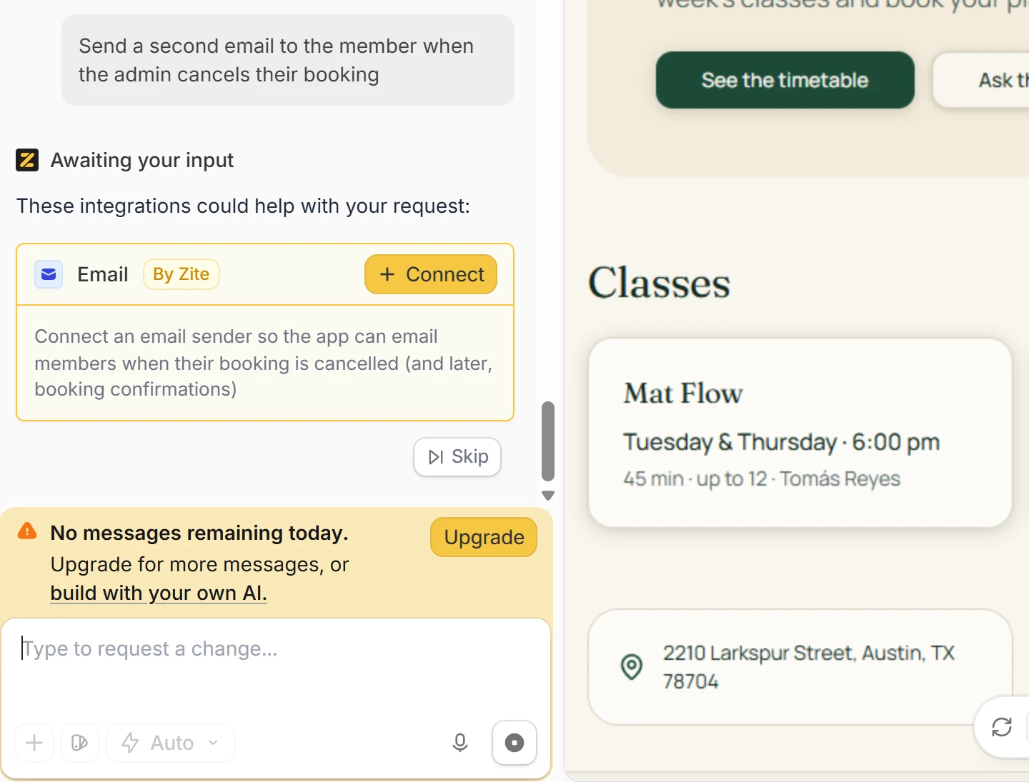 Zite chat showing the request to send a second email when the admin cancels a booking, an Email by Zite connect card, and a warning that no messages remain today with an Upgrade button