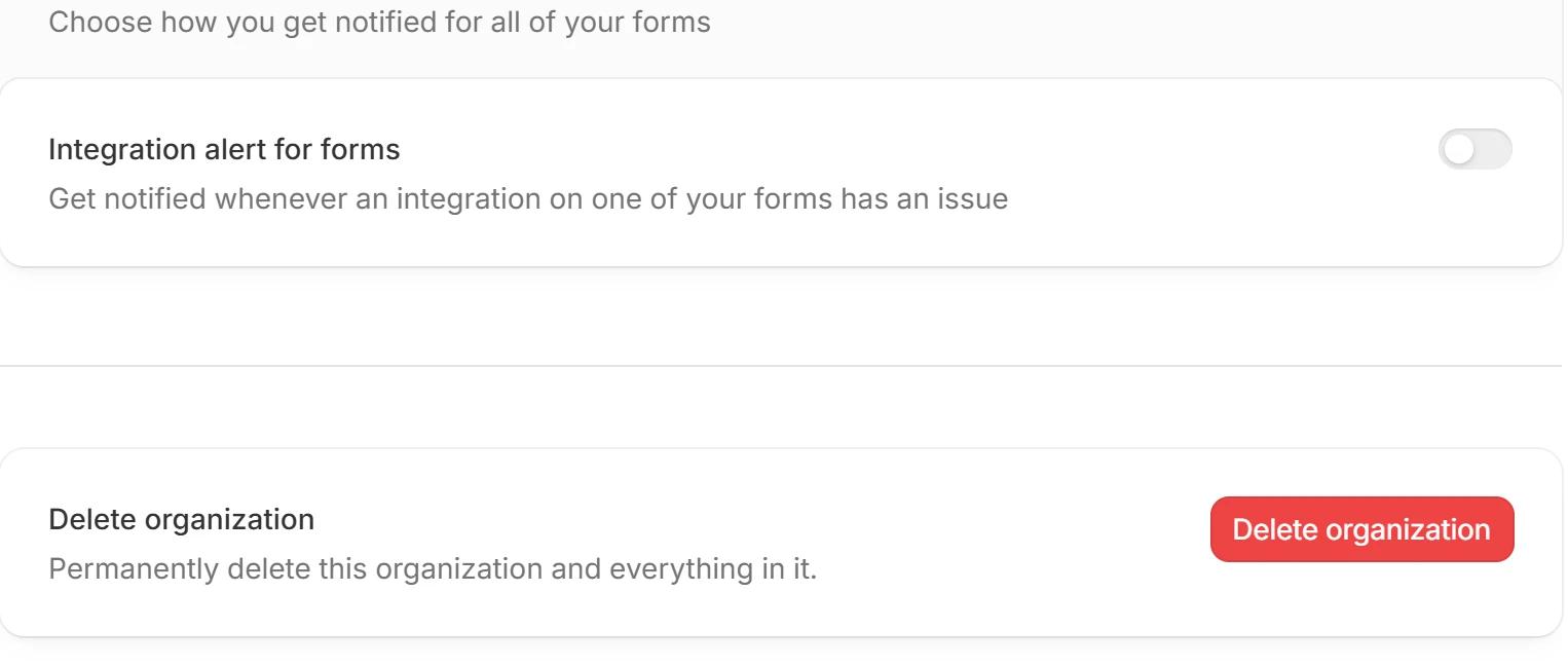 Zite General settings page with the Delete organization section, a red Delete organization button and the text Permanently delete this organization and everything in it