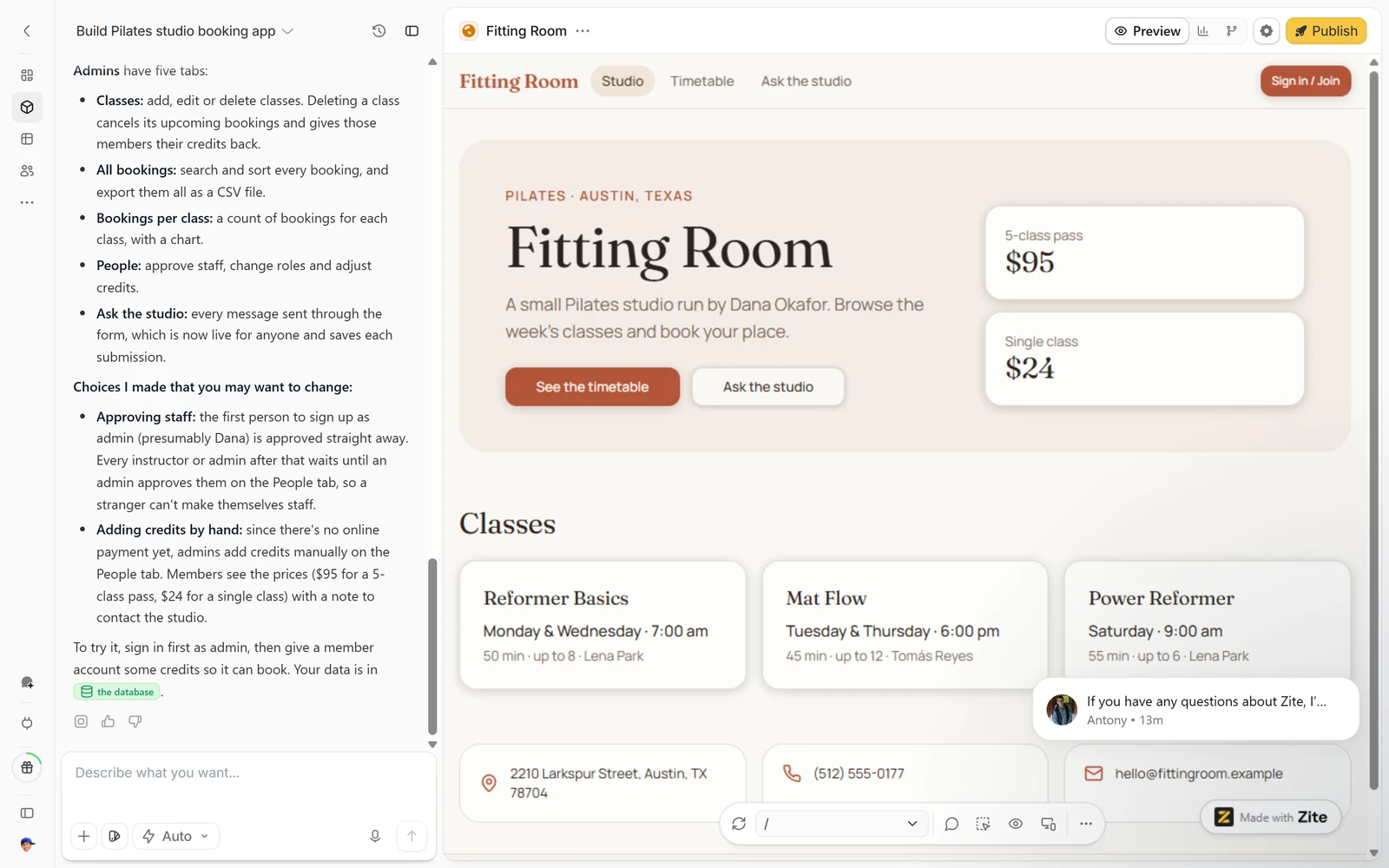Zite editor with the chat on the left listing what Zite built for members, instructors and admins and the Fitting Room studio home page on the right with the 5-class pass at $95 and the three classes