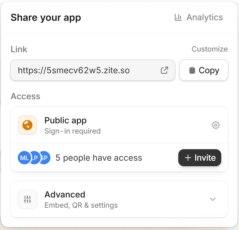 Zite share dialog after publishing, showing the zite.so link of the app, Public app with sign-in required and five people with access