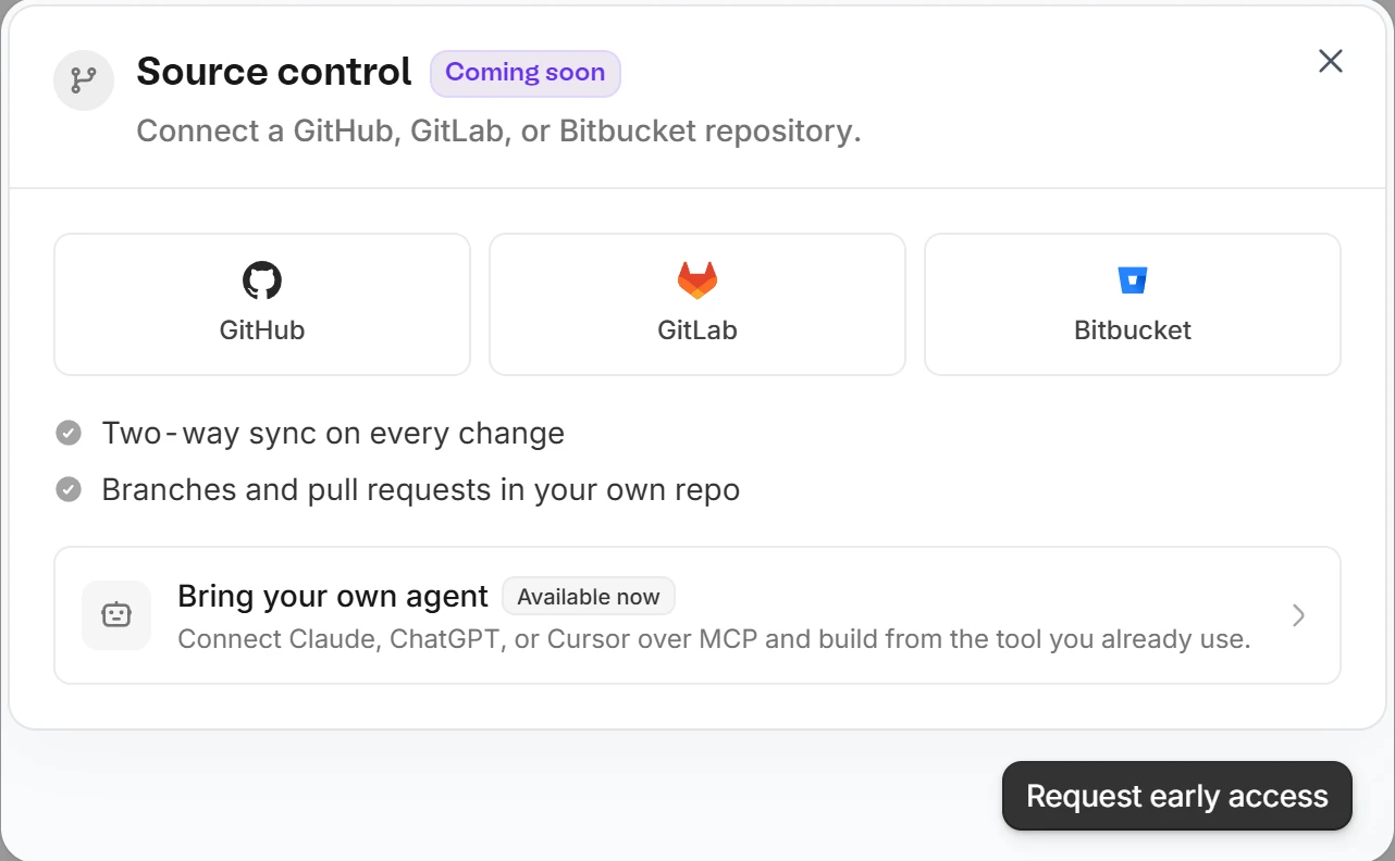 Zite Source control dialog marked Coming soon with GitHub, GitLab and Bitbucket buttons, two-way sync and a Bring your own agent option