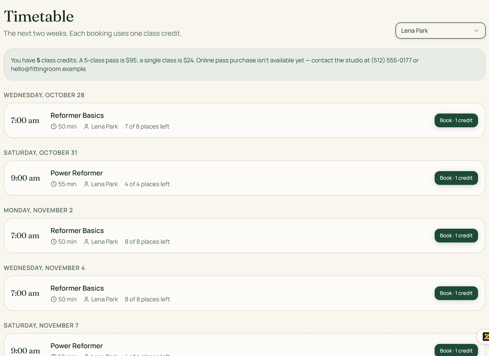 Zite test app timetable on a member account with a Lena Park coach filter, the pass and single class prices and three upcoming classes in dark green and cream