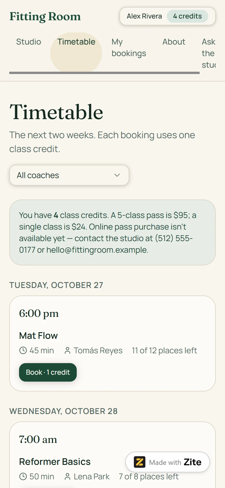 Phone view of the Zite test app timetable with the Fitting Room header, a menu where the last tab Ask the studio is cut off, a coach filter, and the first class card